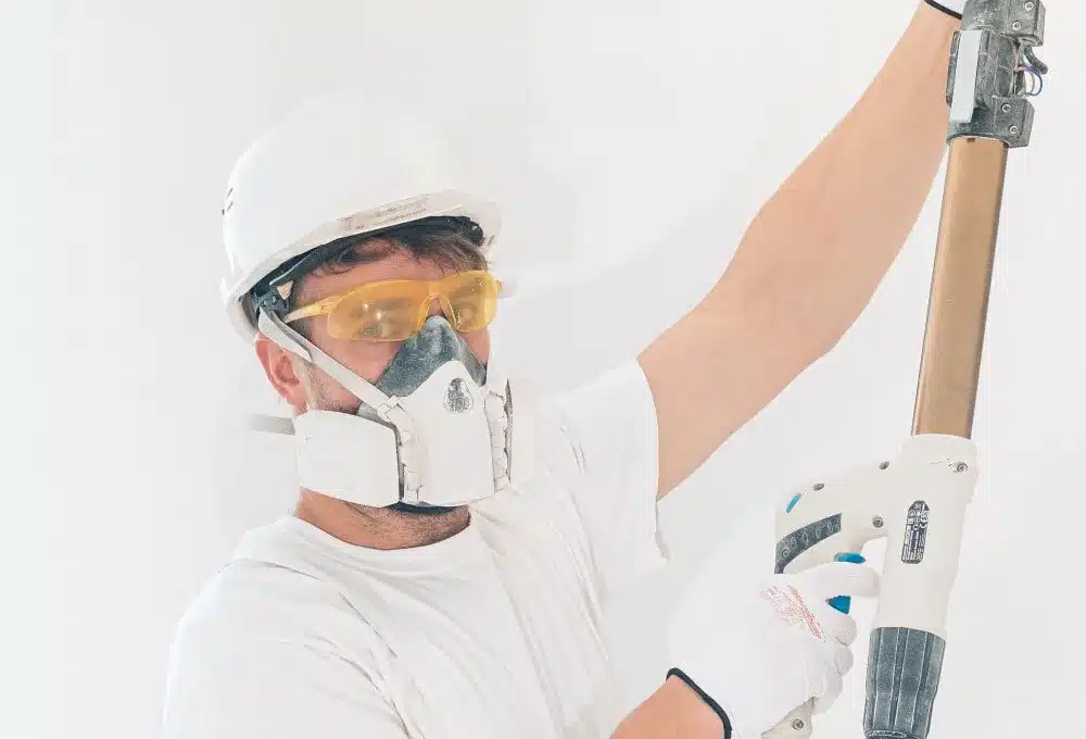 Ouvrier portant un casque, des lunettes et un demi-masque respiratoire, avec un outil de ponçage à la main