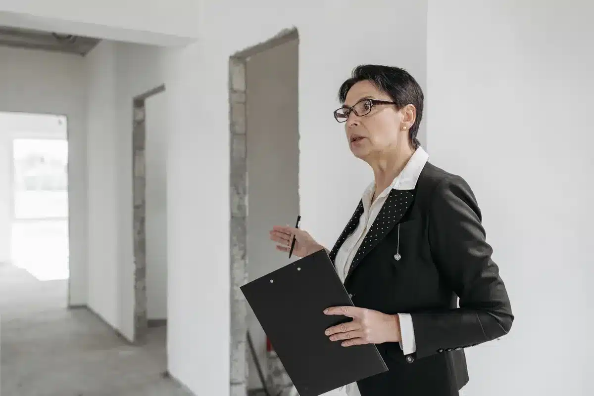 Femme en tailleur tenant un porte-bloc et un stylo dans un logement en travaux aux murs blancs et aux ouvertures sans portes